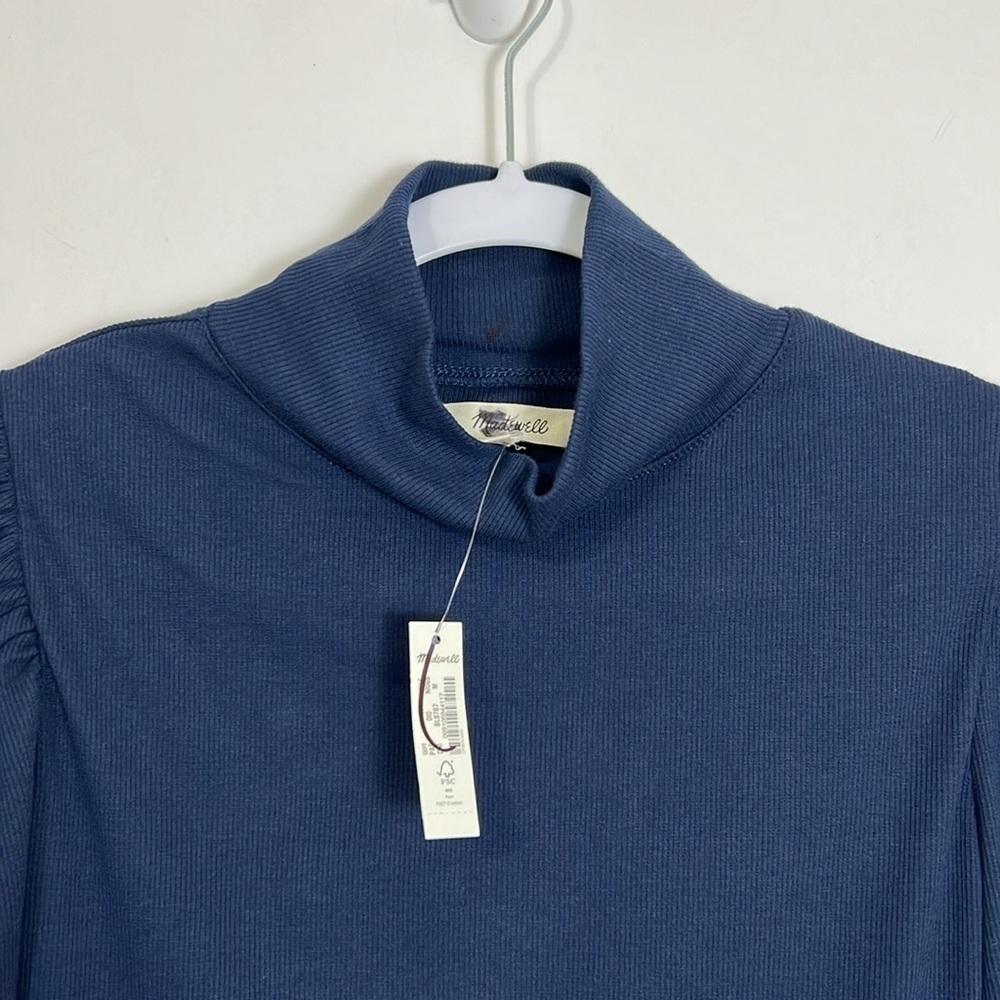 Madewell Ribbed Puff Sleeve Turtleneck Thong Bodysuit in Navy Blue Size Medium - Picture 8 of 13
